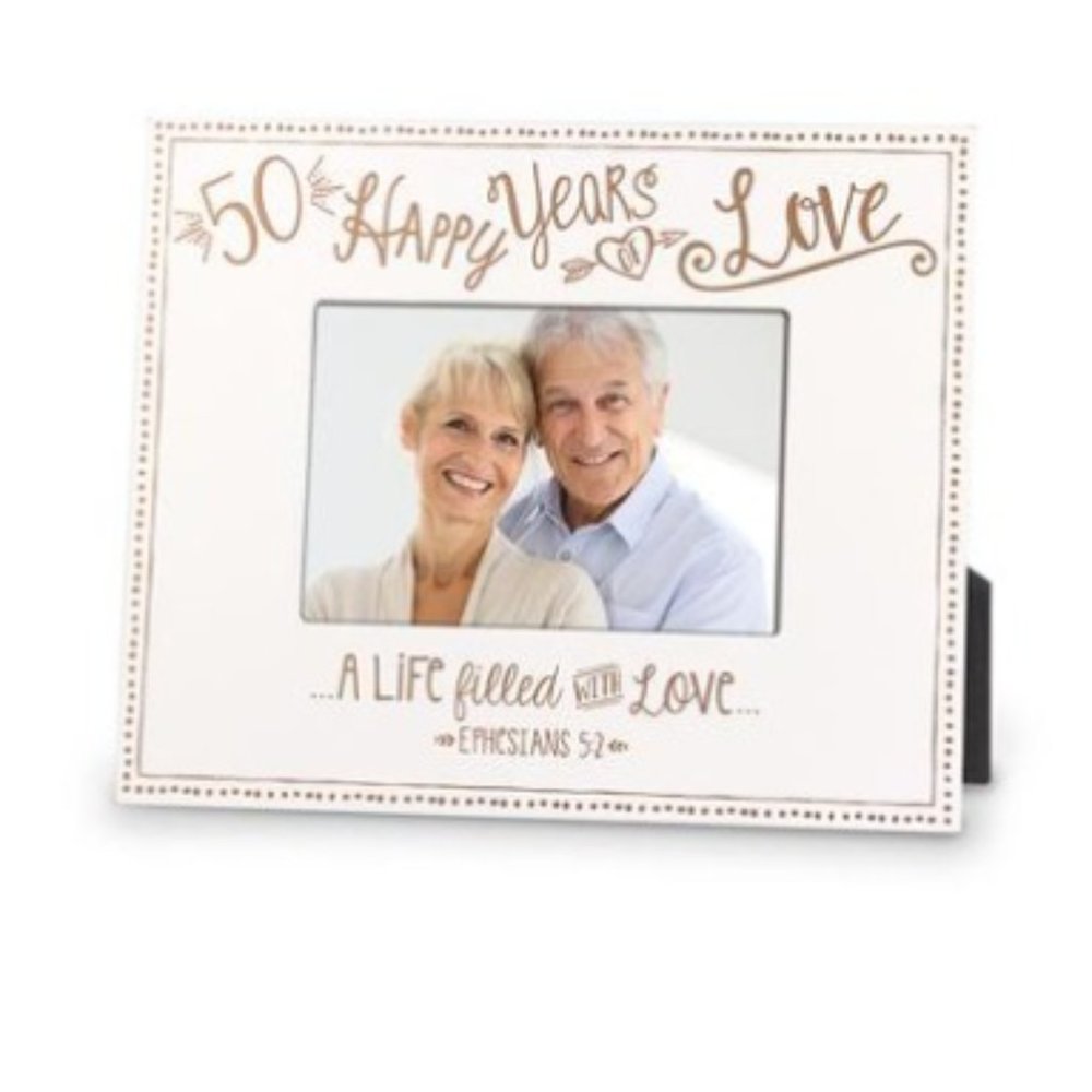 SALE 50 Happy Years Photo Frame White Silver Golden 50th Anniversary Gift